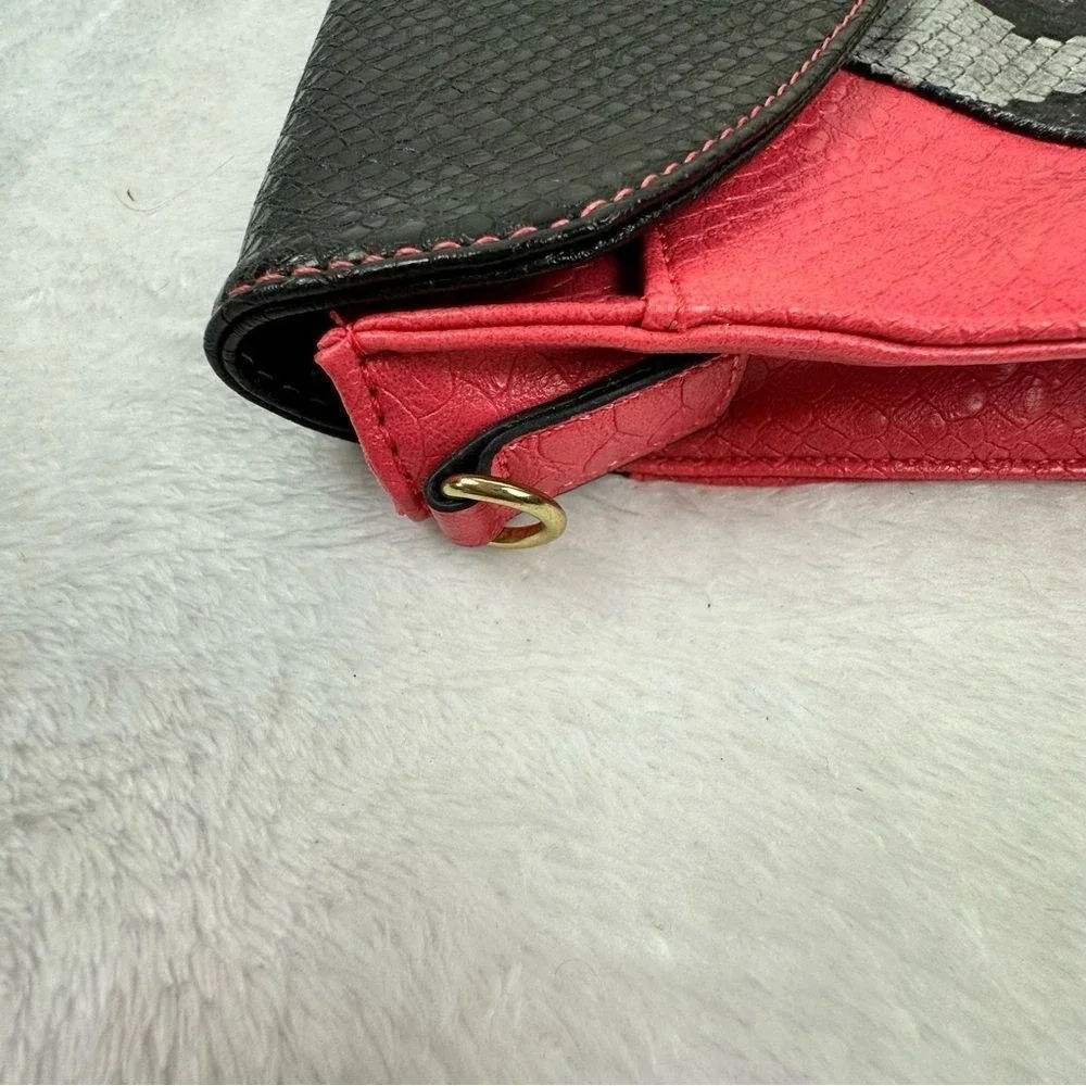 Snakeskin Print‎ Envelope Clutch Bag Black Pink Colorblock Gold Stud Accent